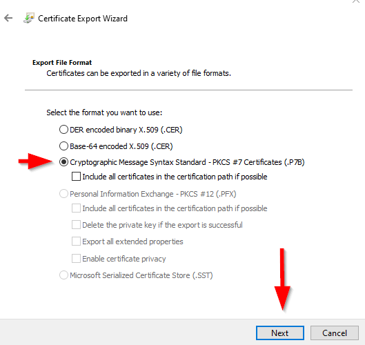 select pkcs certificate file type