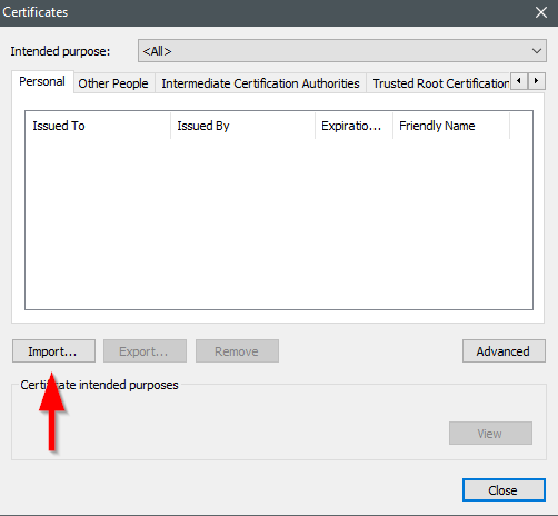 import certificate window in chrome settings