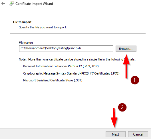 browse for certificate file to import